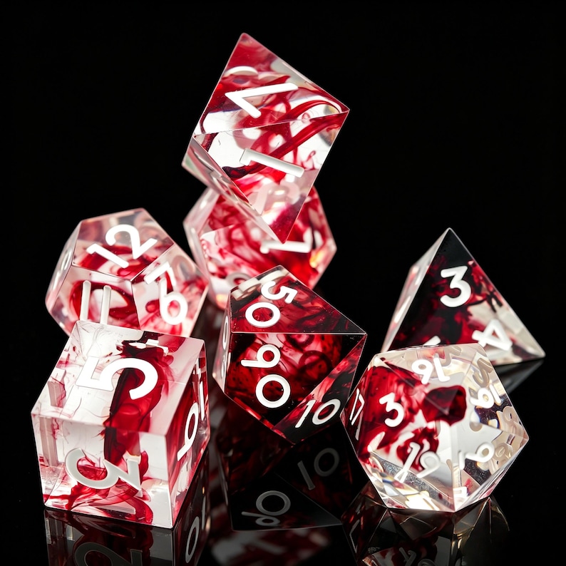 May include: A set of seven polyhedral dice made of clear resin with swirling red ink inclusions. Each die features sharp edges and crisp white engraved numbers. The collection includes a d20, d12, d10, d8, d6, d4, and a percentile die.