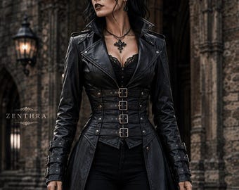 May include: A black long coat featuring a structured bodice with four front buckles, a wide lapel collar, and long sleeves with triple buckle cuffs. The garment displays the text ZENTHRA on the left side and is worn over a black lace top and pants.