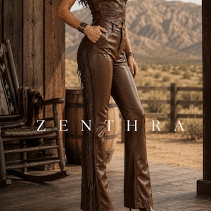Brązowe skórzane spodnie damskie z frędzlami | Spodnie w stylu western cowgirl | Ręcznie robione skórzane spodnie rodeo