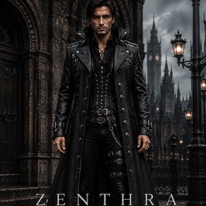 May include: A long black coat with a high collar, worn over a black button-down shirt, black trousers with buckled straps, and black boots. The outfit features metallic buttons and chains. The word ZENTHRA is printed in white at the bottom center.