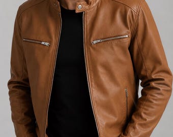 Men’s Tan Brown Leather Jacket – Vintage Café Racer Biker Jacket – Classic Moto Style