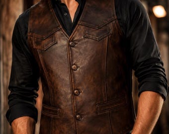 Men's Brown Lambskin Leather Vest | Distressed Vintage Biker Waistcoat