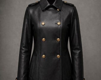 Women's Black Leather Trench Coat – Genuine Leather, Gold Buttons, Elegant Winter Outerwear