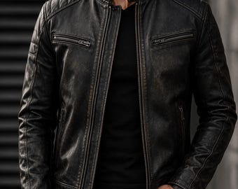Men’s Vintage Black Genuine Lambskin Leather Jacket Handmade Distressed Biker Style Jacket
