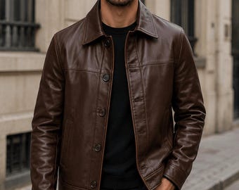 Handmade Coffee Brown Leather Jacket: Men's Mafia Style Biker Coat