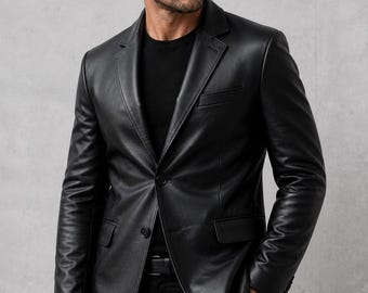 Men's Lambskin Leather Blazer - Two-Button Black Jacket