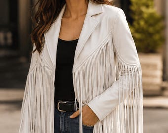Women’s White Fringe Leather Jacket | Western Cowgirl Tassel Coat