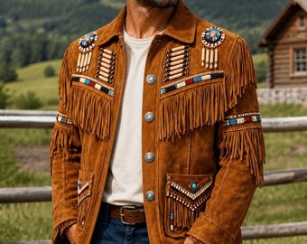 Men's Tan Suede Leather Western Jacket with Fringe & Beads – Native Style Outerwear