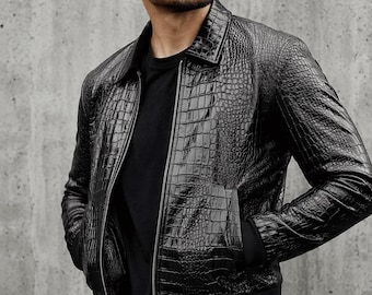 Veste en cuir véritable avec crocodile gaufré, motif homme noir et blanc