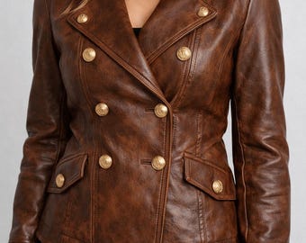 Women’s Genuine Lambskin Leather Jacket Double-Breasted Brown Vintage Coat with Gold Buttons.
