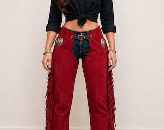 Pantalon en cuir de rodéo avec franges, style western en daim véritable pour femmes, jambières en cuir