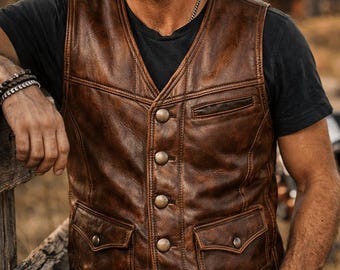 Men’s Vintage Brown Leather Waistcoat – Handmade Western Biker Vest