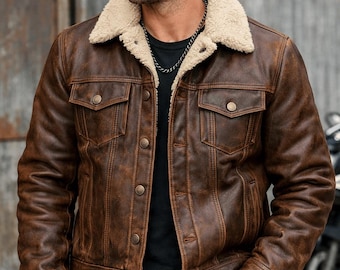 Men’s Brown Sheepskin Leather Trucker Jacket – Handmade Vintage Biker Style Coat