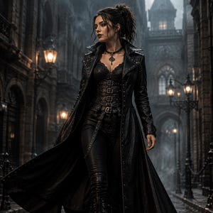 May include: A long black leather trench coat worn over a black lace corset top and black fitted trousers. The outfit includes a dark pendant necklace and tall black lace-up boots. The ensemble features metallic stud details along the coat lapels.