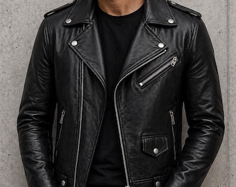 Blouson en cuir d'agneau véritable de style vintage pour homme | Coupe slim style moto | Cadeau pour lui