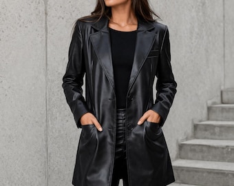 Women's Black Genuine Leather Blazer Long Lapel Jacket