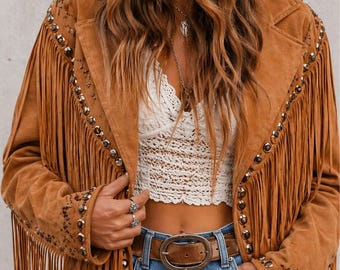 70s Suede Fringe Cowgirl Jacket: Studded Boho Western Leather
