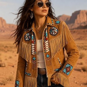 Women Tan Brown Suede Leather Western Jacket with Fringe & Beads - Handmade Native Jacket image 1