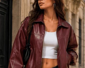 Women’s Burgundy Leather Bomber Biker Jacket | Oversized Vintage Streetwear