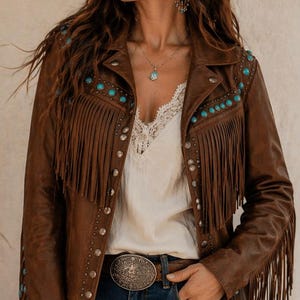 Chaqueta vaquera de cuero con flecos estilo western para mujer / Chaqueta vaquera marrón con detalle de tachuelas turquesas
