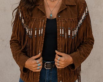 Women’s Suede Beaded Jacket | Western Cowgirl Fringe Coat | Vintage Style