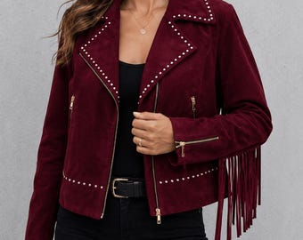 Women’s Suede Fringe Jacket | Studded Western Cowgirl Biker Coat