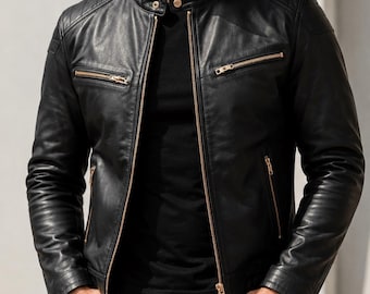Blouson en cuir noir fait main pour homme | Blouson moto motard coupe slim | manteau moto vintage