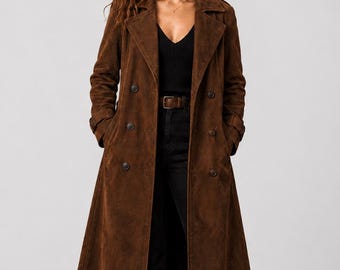 Handmade Suede Trench Coat – Vintage Style Brown Leather Overcoat