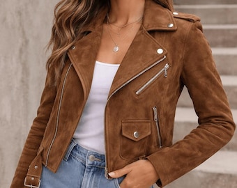 Ensemble de costume clouté en daim marron chocolat | Blazer bohème western, short taille haute