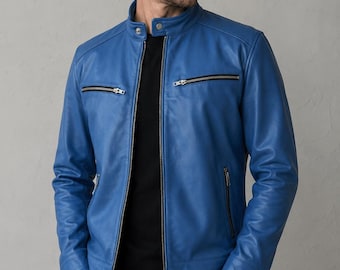 Men’s Blue Genuine Leather Jacket – Handmade Cafe Racer Biker Motorcycle Jacket – Vintage Slim Fit Leather Coat Gift for Him