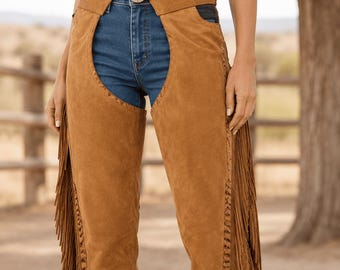 Women's Suede Leather Western Chaps: Buckskin Fringes, Rodeo Riding Pants