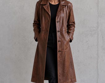 Women’s Brown Leather Trench Coat – Handmade Vintage Leather Overcoat