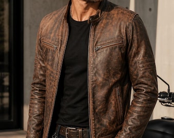 Blouson en cuir marron effet vieilli pour homme | Véritable manteau de style motard