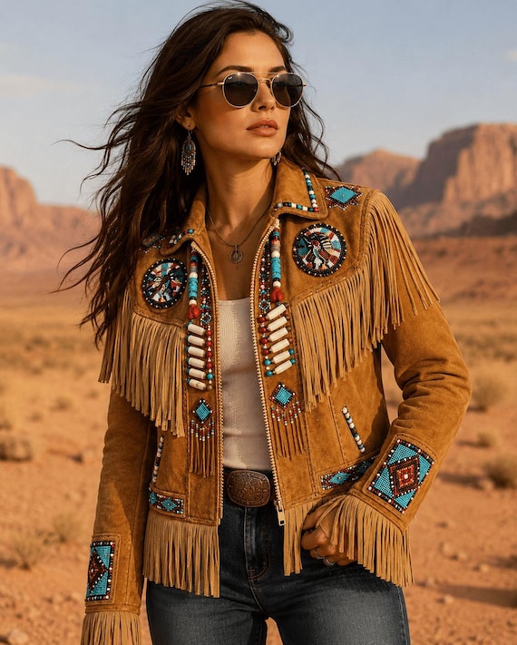 Women Tan Brown Suede Leather Western Jacket with Fringe & Beads - Handmade Native Jacket