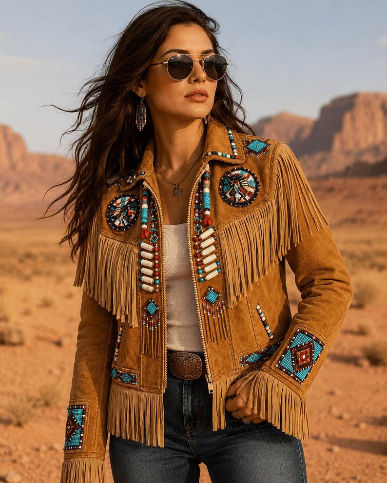 Women Tan Brown Suede Leather Western Jacket with Fringe & Beads - Handmade Native Jacket image 1