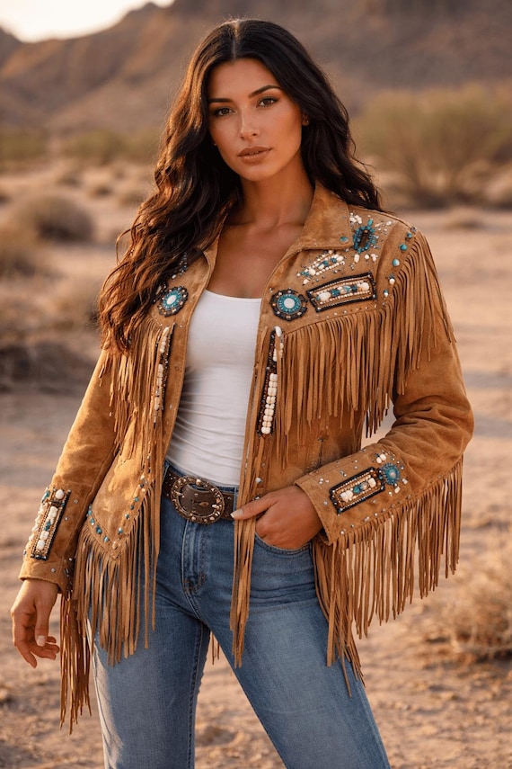 Women Tan Brown Suede Leather Western Jacket with Fringe & Beads - Handmade Native Jacket