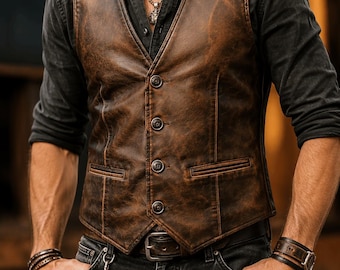 Men's Brown Lambskin Leather Vest | Biker Moto Waistcoat, Distressed Finish