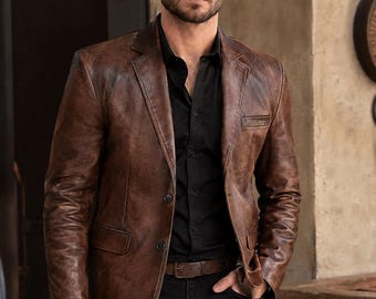 Distressed Brown Lambskin Leather Blazer for Men – Handmade Slim Fit Leather Sport Coat