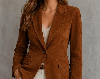 Women's Brown Suede Blazer – Tailored Leather Jacket, Quiet Cognac Style