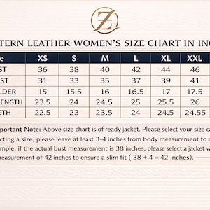 May include: A size chart for a leather jacket with a logo at the top. The table lists measurements in inches for bust, waist, shoulder, sleeve length, and total length across sizes XS to XXXL. Text includes instructions for selecting a slim fit.