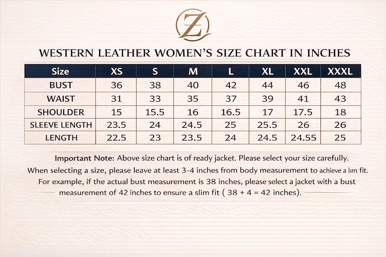May include: A size chart for a leather jacket with a logo at the top. The table lists measurements in inches for bust, waist, shoulder, sleeve length, and total length across sizes XS to XXXL. Text includes instructions for selecting a slim fit.