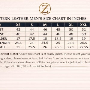 May include: A size chart for western leather jackets, in inches. The chart includes chest, waist, shoulder, sleeve length, and length measurements for sizes XS to XXXL. Includes an important note about selecting the correct size for a slim fit.