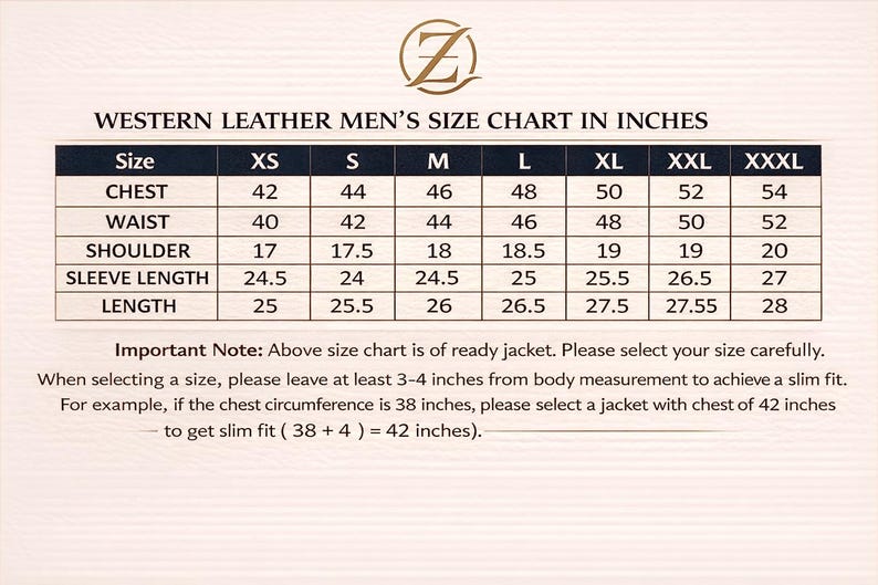May include: A size chart for western leather jackets, in inches. The chart includes chest, waist, shoulder, sleeve length, and length measurements for sizes XS to XXXL. Includes an important note about selecting the correct size for a slim fit.