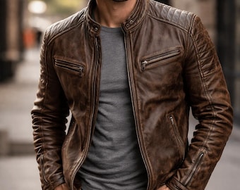Handmade Distressed Brown Lambskin Leather Blazer – Slim Fit Sport Coat.