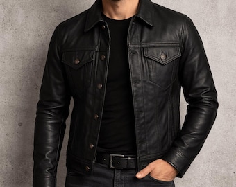 Men’s Black Leather Trucker Jacket – Handmade Genuine Leather, Slim Fit Vintage Style