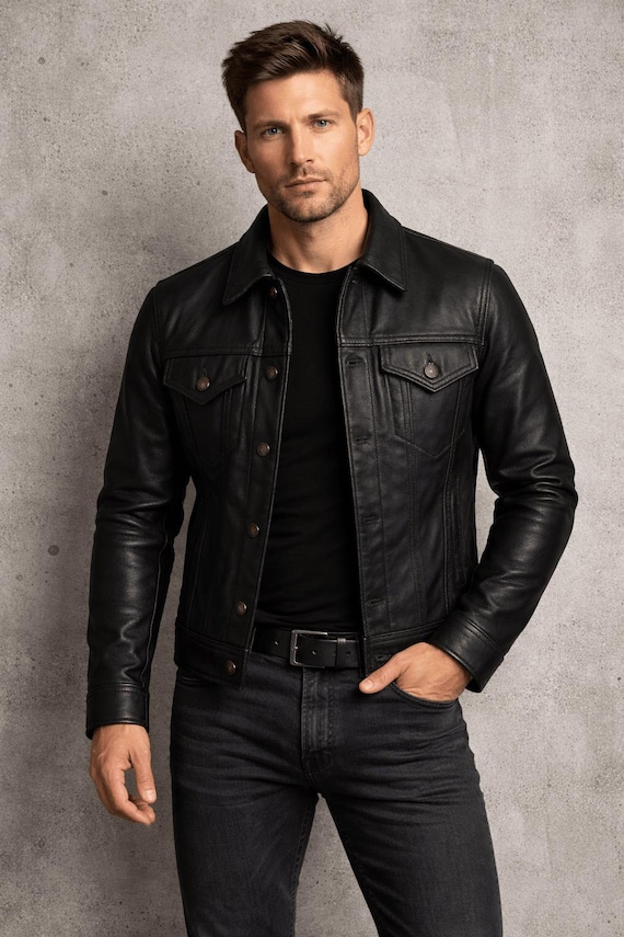 Men’s Black Leather Trucker Jacket – Handmade Genuine Leather, Slim Fit Vintage Style