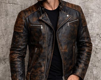 Blouson en cuir effet vieilli noir et marron pour homme fait main - Manteau motard robuste de style vintage - Coupe slim