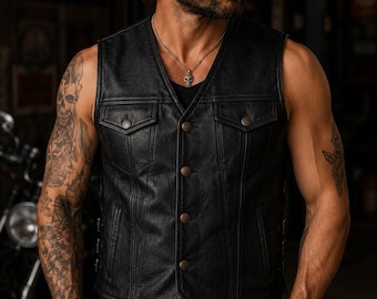 Men's Black Leather Biker Vest – Genuine Handmade Motorcycle Waistcoat – Western Rider Style