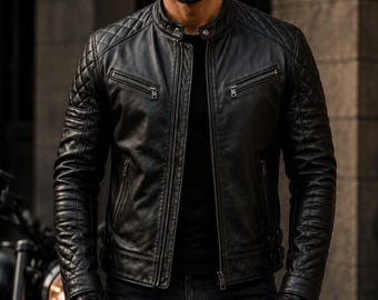Men’s Black Leather Motorcycle Jacket, Quilted Biker Jacket, Genuine Leather Moto Coat