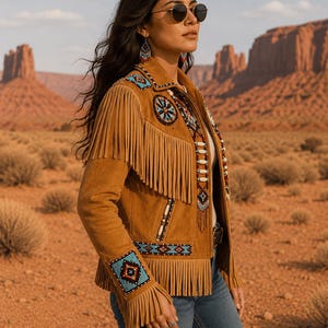 May include: A tan suede jacket featuring long fringe detailing on the chest and sleeves. The jacket is adorned with intricate beadwork in blue, red, and white geometric patterns on the collar, shoulders, cuffs, and along the front zipper closure.